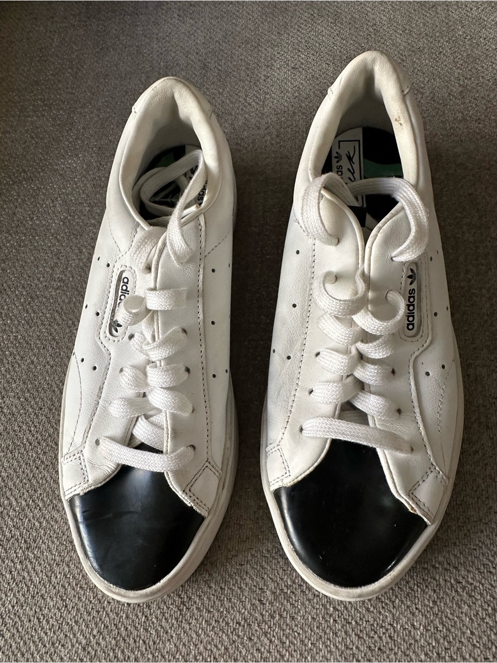 Adidas White Leather Sneakers with Black Toe Cap Toe